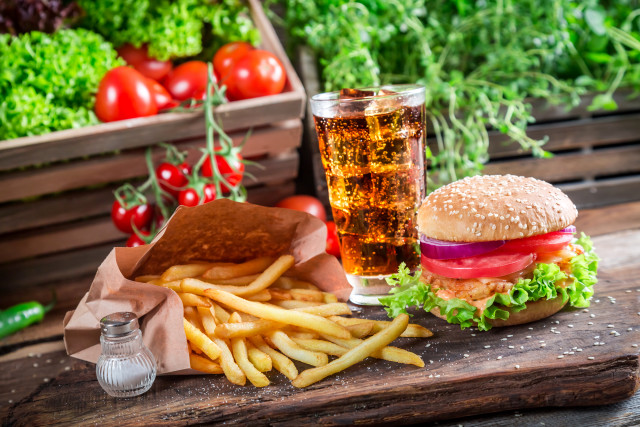 Hamburger fries drink vegetables tomato free wallpaper for desktop - medium preview image