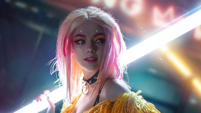 Pink haired woman sword neon free wallpaper for desktop - medium preview image