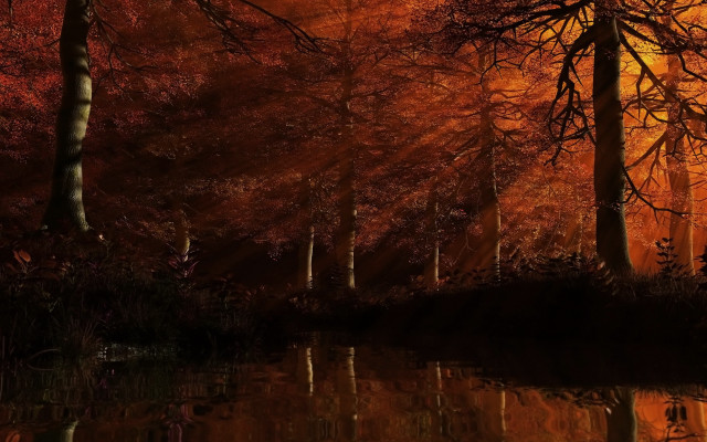 Autumn forest lake magic realism free wallpaper for desktop - medium preview image