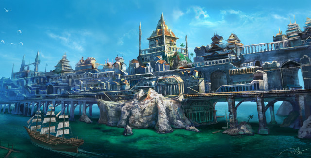 Fantasy castle bridge waterboat cityscape free wallpaper for desktop - medium preview image