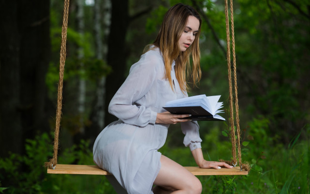 Woman white dress swing reading free wallpaper for desktop - medium preview image