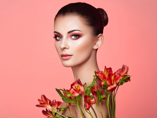 Woman flowers pink background portrait free wallpaper for desktop - medium preview image