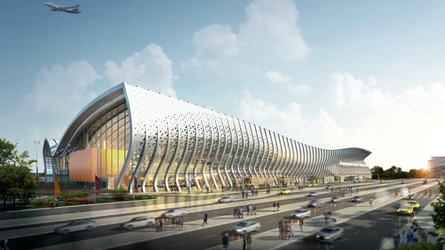 Hypermodern building glass facade bridge free wallpaper for desktop - medium preview image