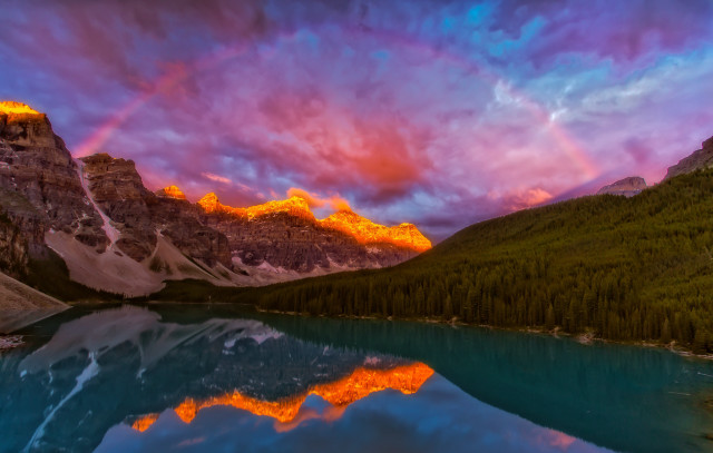 Lake mountains rainbow sky forest free wallpaper for desktop - medium preview image