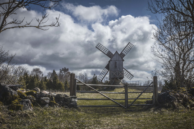 Windmill gate field trees rocks free wallpaper for desktop - medium preview image