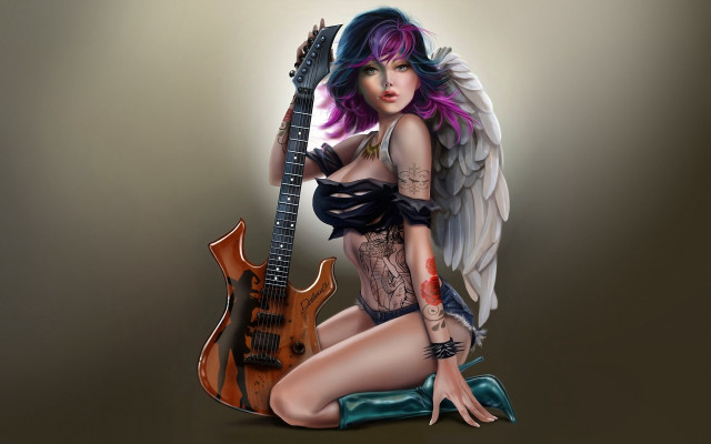 Gothic tattooed woman guitar digital free wallpaper for desktop - medium preview image