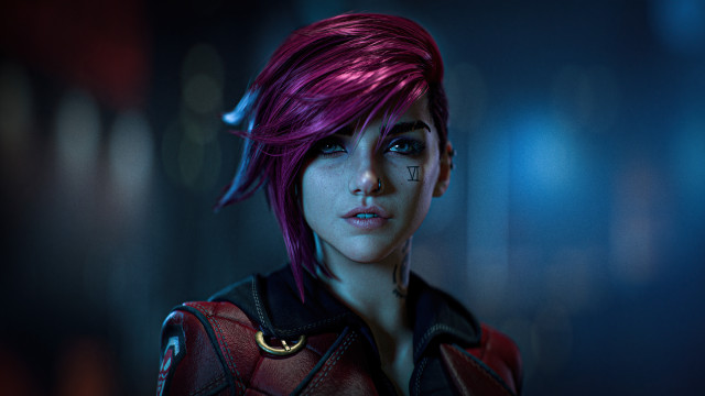 Pink hair cyberpunk portrait blue free wallpaper for desktop - medium preview image
