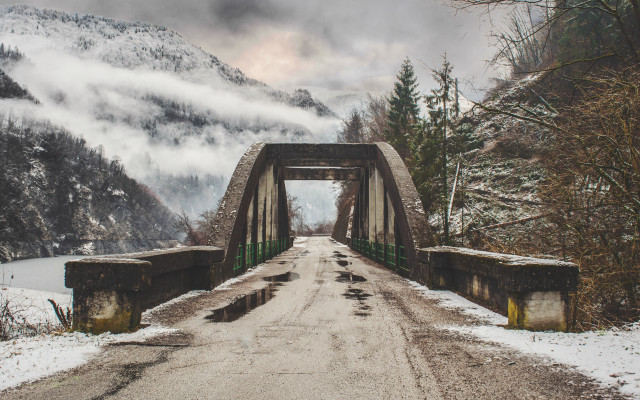 Bridge snow mountains clouds constructivism free wallpaper for desktop - medium preview image