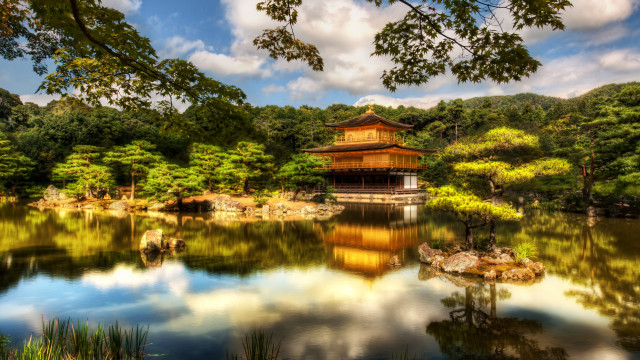 Pagoda park pond trees cloudy free wallpaper for desktop - medium preview image