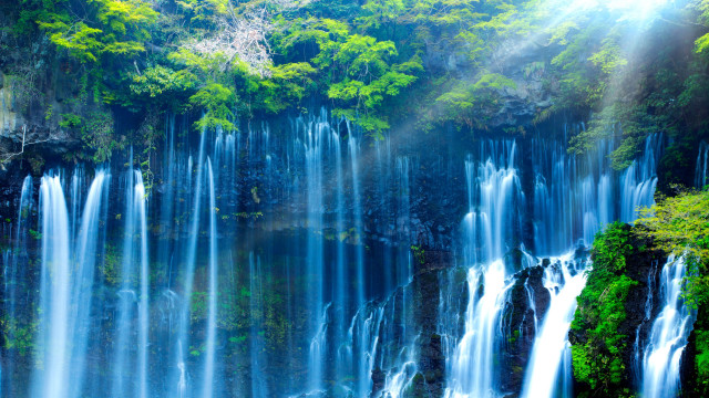 Waterfall sunlight trees nature forest free wallpaper for desktop - medium preview image