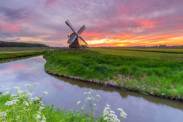 Windmill green field river cloudy free wallpaper for desktop - medium preview image