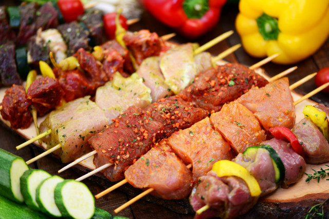 Meats vegetables skewers wooden board free wallpaper for desktop - medium preview image