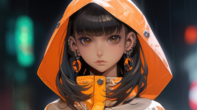 Girl orange hoodie cyberpunk fire free wallpaper for desktop - medium preview image