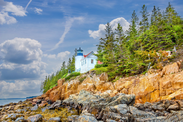 Lighthouse rocky shore trees blue free wallpaper for desktop - medium preview image