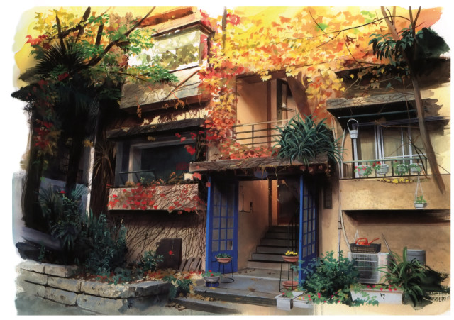 House blue door balcony painting free wallpaper for desktop - medium preview image