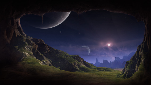Distant planet cave moon stars free wallpaper for desktop - medium preview image
