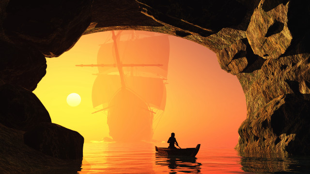 Cave boat sunset mountain moon free wallpaper for desktop - medium preview image