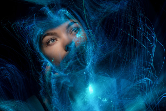 Blue hair glowing hologram face free wallpaper for desktop - medium preview image