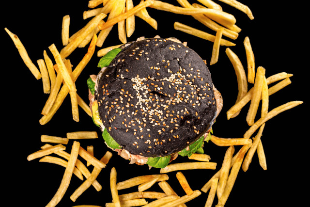 Hamburger fries black surface hyperrealism free wallpaper for desktop - medium preview image