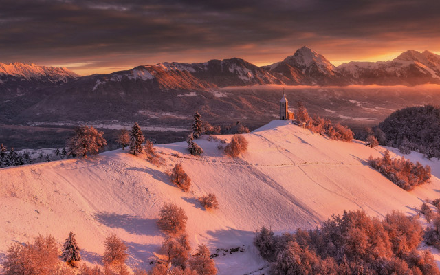 Snowy mountain church sunset clouds free wallpaper for desktop - medium preview image