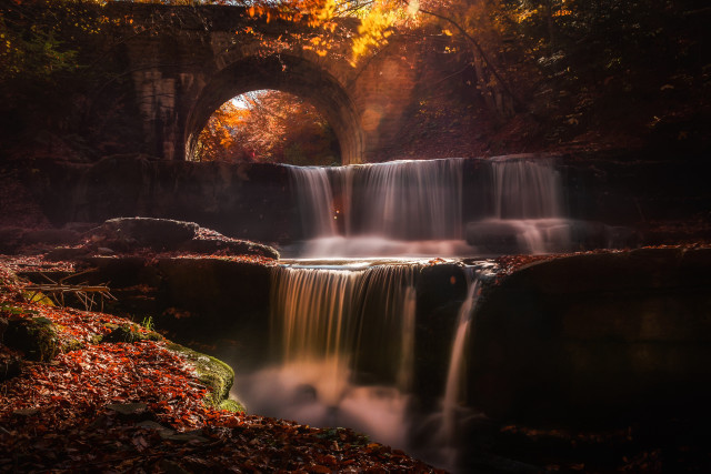 Waterfall forest bridge autumn leaves free wallpaper for desktop - medium preview image