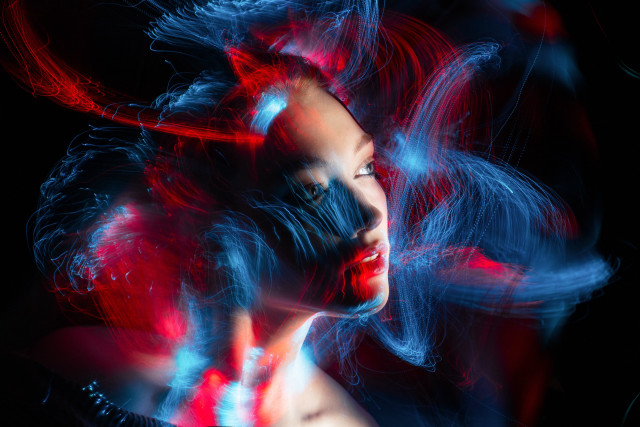 Woman hair red blue hologram free wallpaper for desktop - medium preview image