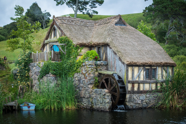 House waterwheel boat hill trees free wallpaper for desktop - medium preview image