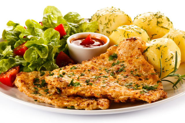 Plate food potatoes salad meat free wallpaper for desktop - medium preview image