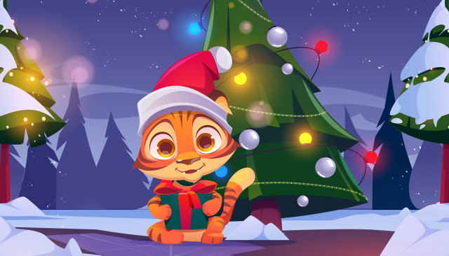 Cat santa hat present christmas free wallpaper for desktop - medium preview image