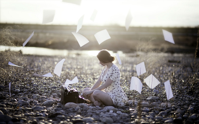 Woman rock beach water paper free wallpaper for desktop - medium preview image