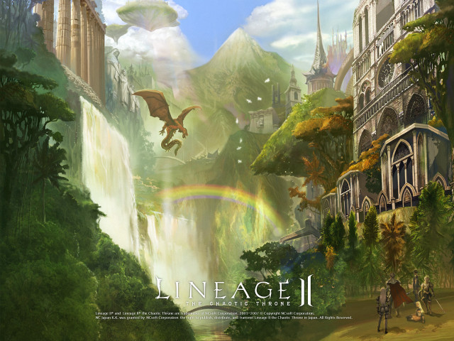 City waterfall dragon flying painting free wallpaper for desktop - medium preview image