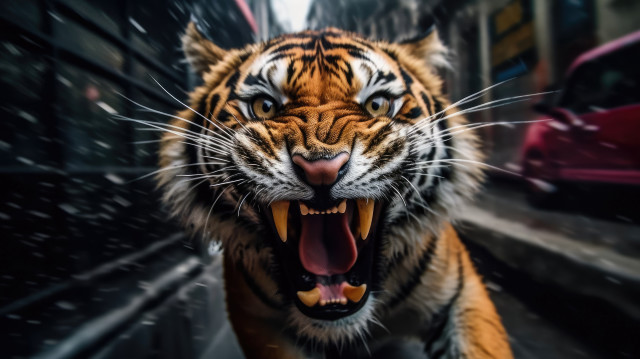 Tiger roaring street rain photorealistic free wallpaper for desktop - medium preview image