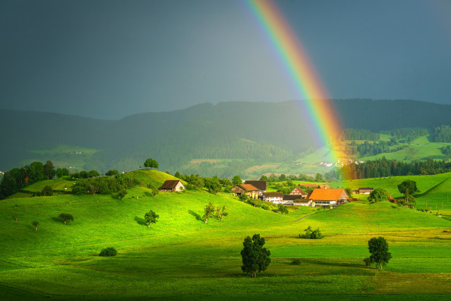 Rainbow green hillside houses trees #2 free wallpaper for desktop - medium preview image