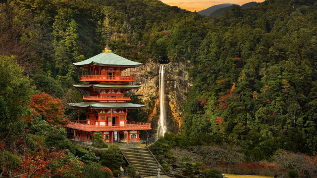 Tall red building waterfall forest free wallpaper for desktop - medium preview image