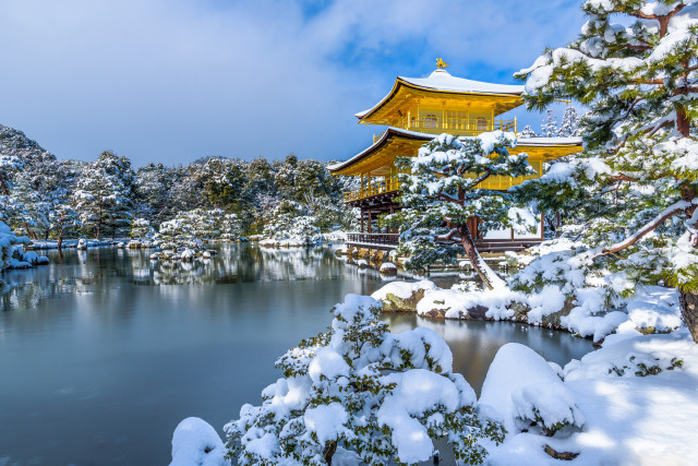 Snowy pagoda lake forest ukiyo free wallpaper for desktop - medium preview image