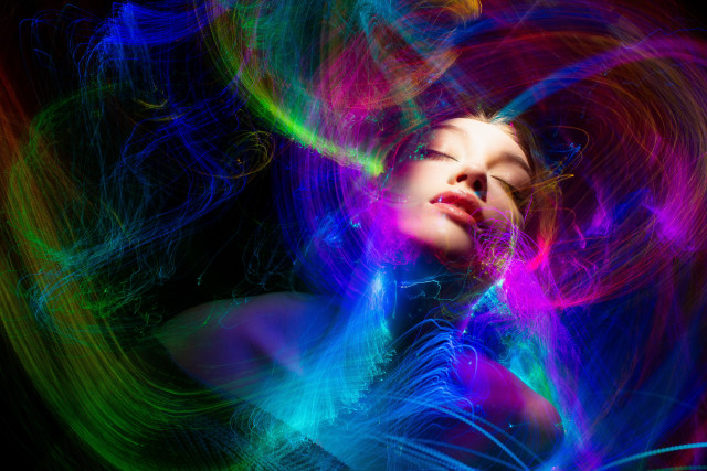Woman closed eyes psychedelic hologram free wallpaper for desktop - medium preview image