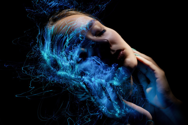Blue light woman hands face free wallpaper for desktop - medium preview image