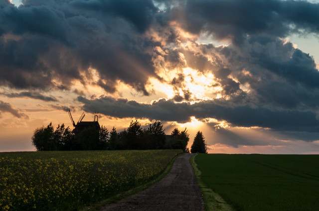Dirt road windmill cloudy sky free wallpaper for desktop - medium preview image