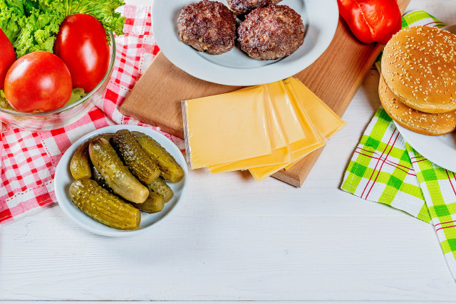 Food table hamburger pickles cheese free wallpaper for desktop - medium preview image