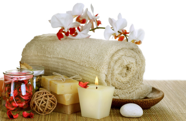 Towel candles flower tabletop photorealism free wallpaper for desktop - medium preview image