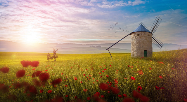 Windmill redflowers horseman sky landscape free wallpaper for desktop - medium preview image