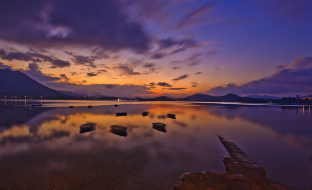 Lake sunset mountains clouds puzzle free wallpaper for desktop - medium preview image