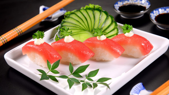 Sushi plate chopsticks sauces bowl free wallpaper for desktop - medium preview image