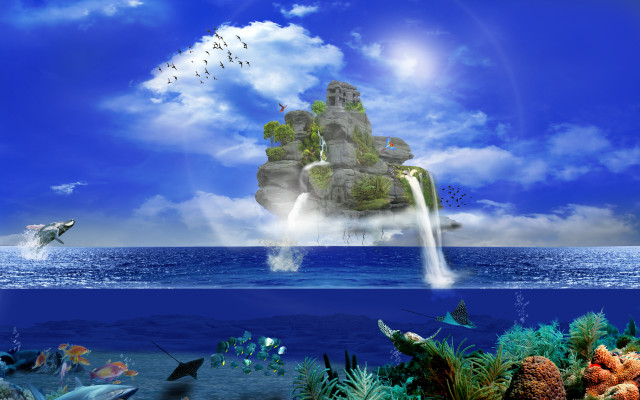 Waterfall ocean birds fish matte free wallpaper for desktop - medium preview image