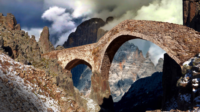 Stone bridge mountain clouds fantasy free wallpaper for desktop - medium preview image