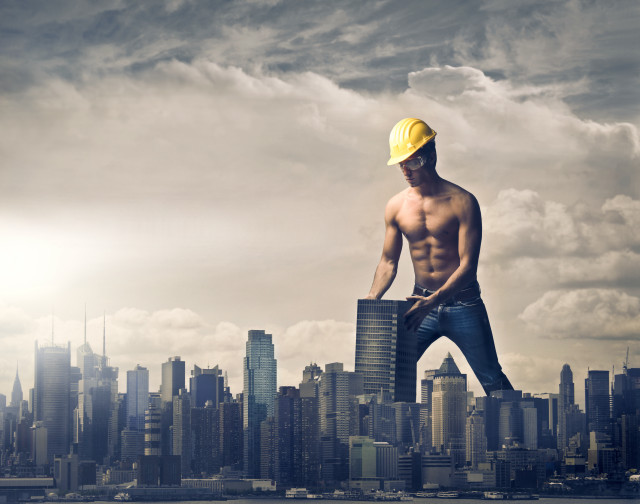 Man hardhat building ledge city free wallpaper for desktop - medium preview image