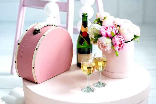 Pink suitcase wine glasses flowers free wallpaper for desktop - medium preview image