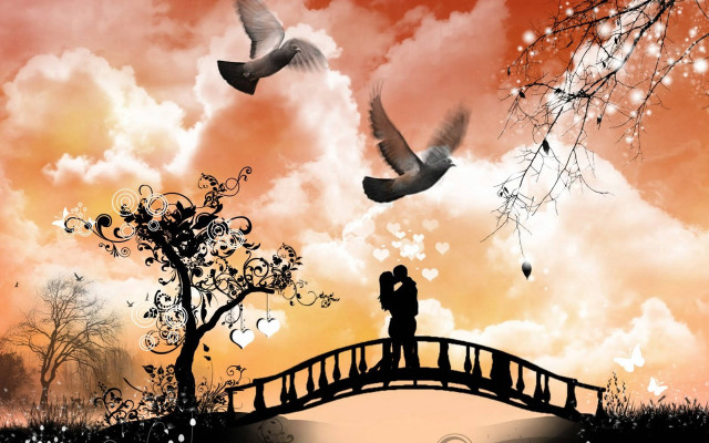 Couple kissing bridge birds sunset #3 free wallpaper for desktop - medium preview image