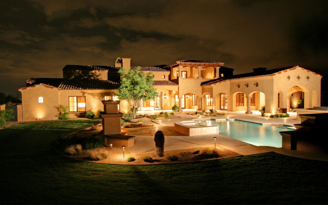Large house pool night lights free wallpaper for desktop - medium preview image