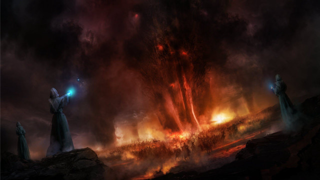 Man fire sky painting giant free wallpaper for desktop - medium preview image